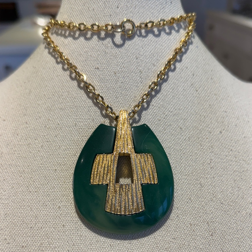 Elegant MCM Gold and Green Pendant Necklace